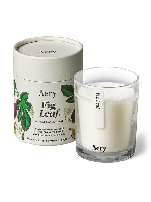 Cream Fig Leaf candle by Aery displayed next to product packaging on white bacground 