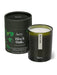Green Black Oak candle displayed next to product packaging on white bacground 