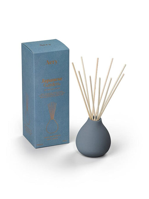 Blue Japanese Garden diffuser by Aery displayed next to product packaging on white bacground 