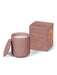 Aubergine Moroccan Rose candle by Aery displayed next to product packaging on white bacground 