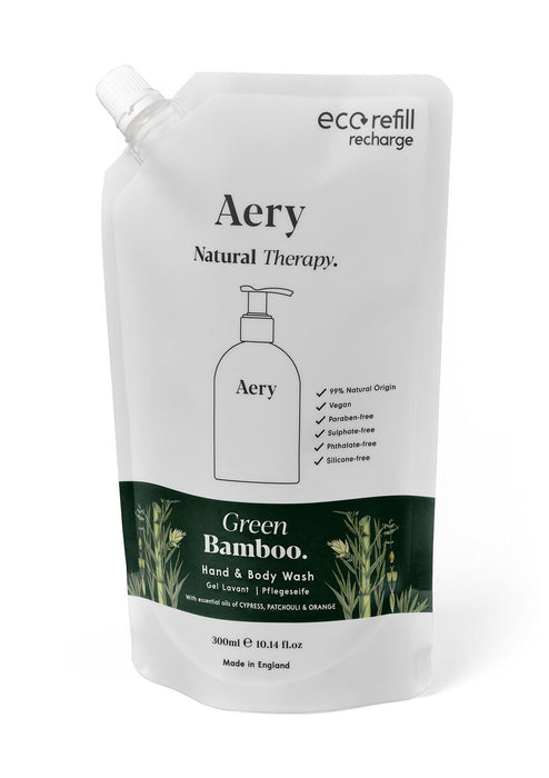 Green Bamboo hand and body wash refill pouch by aery displayed on white bacground 