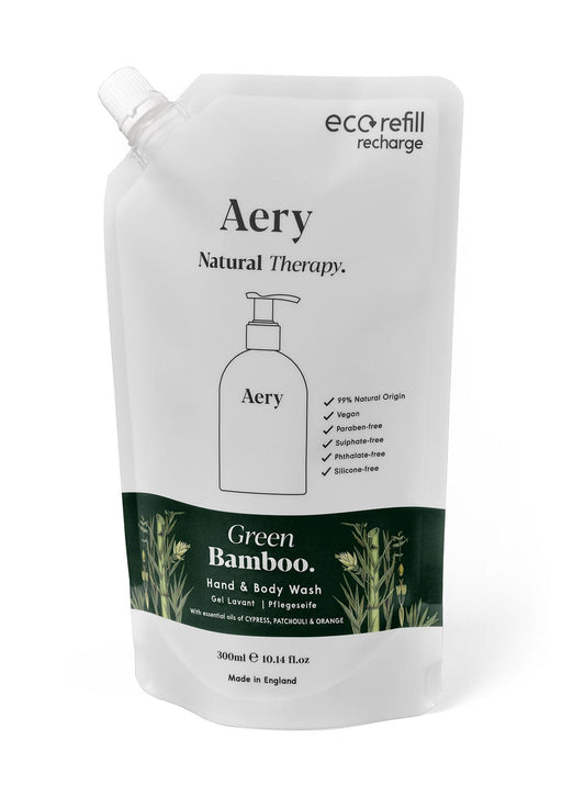 Green Bamboo hand and body wash refill pouch by aery displayed on white bacground 