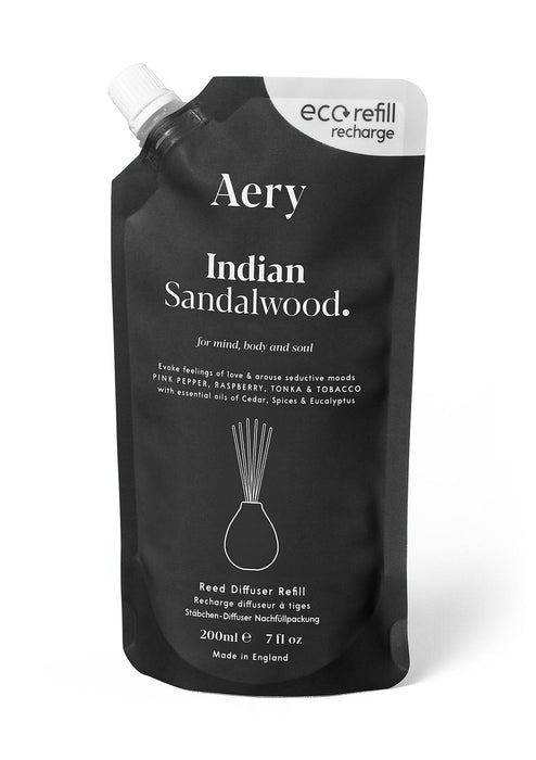 Black Indian sandalwood reed diffuser refill pouch by aery on white bacground 