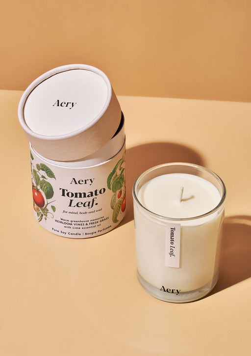 Tomato Leaf candle by Aery displayed next to product packaging on yellow bacground 