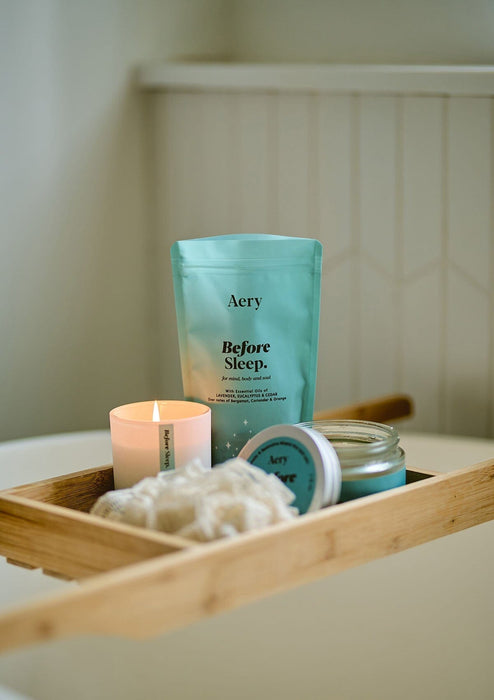before sleep bath salt refill bag displayed in bathroom setting